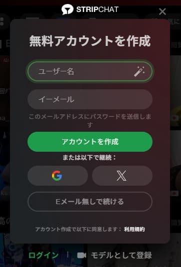 ユーザー名欄をクリックして、E-mailの入力欄が表示された入力フォームのイメージ